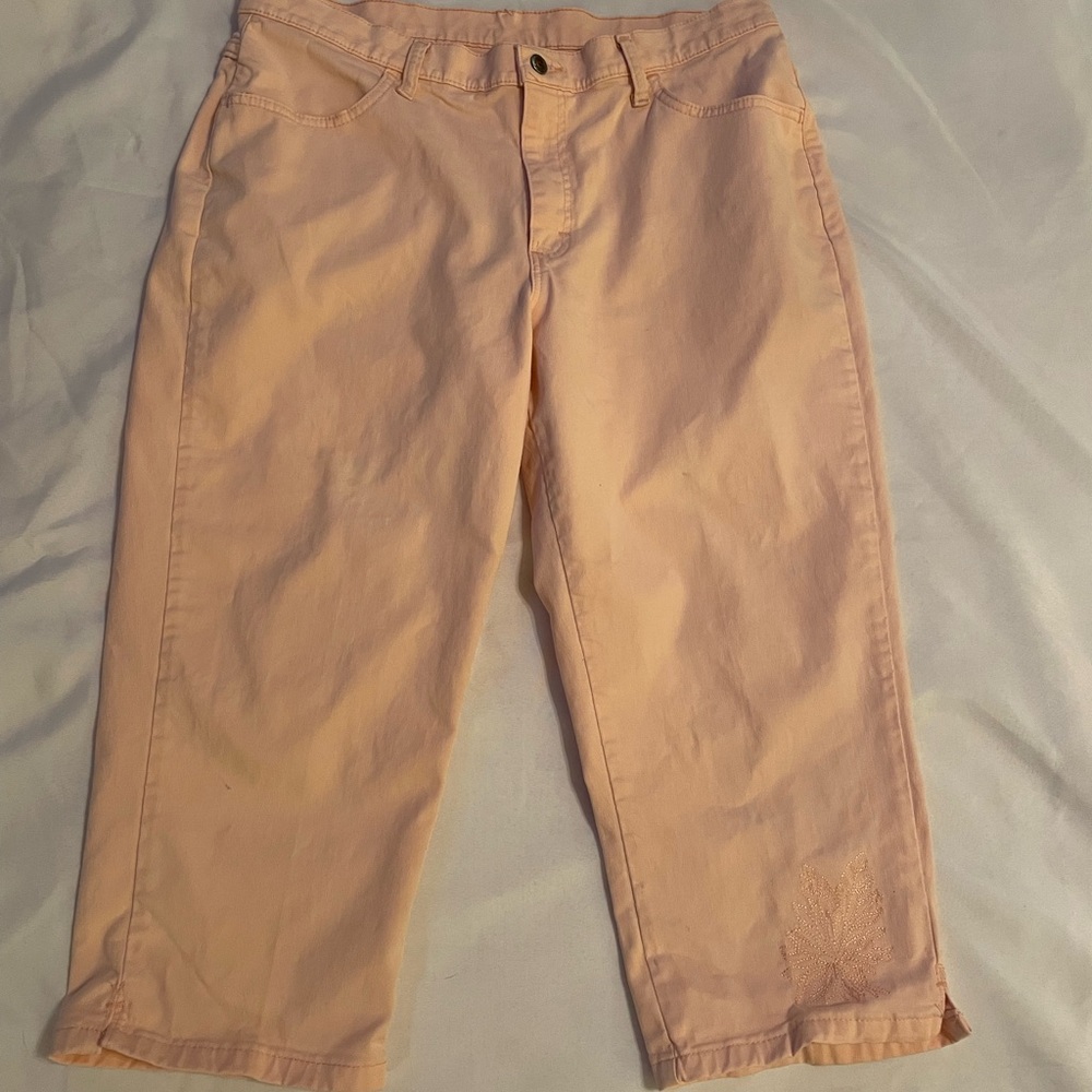 Riders Light Orange Denim Capris with Embroidery Detail at Hem, Size 16